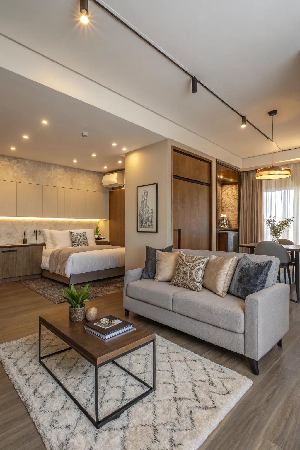 An open layout beautifully balances living and sleeping areas.