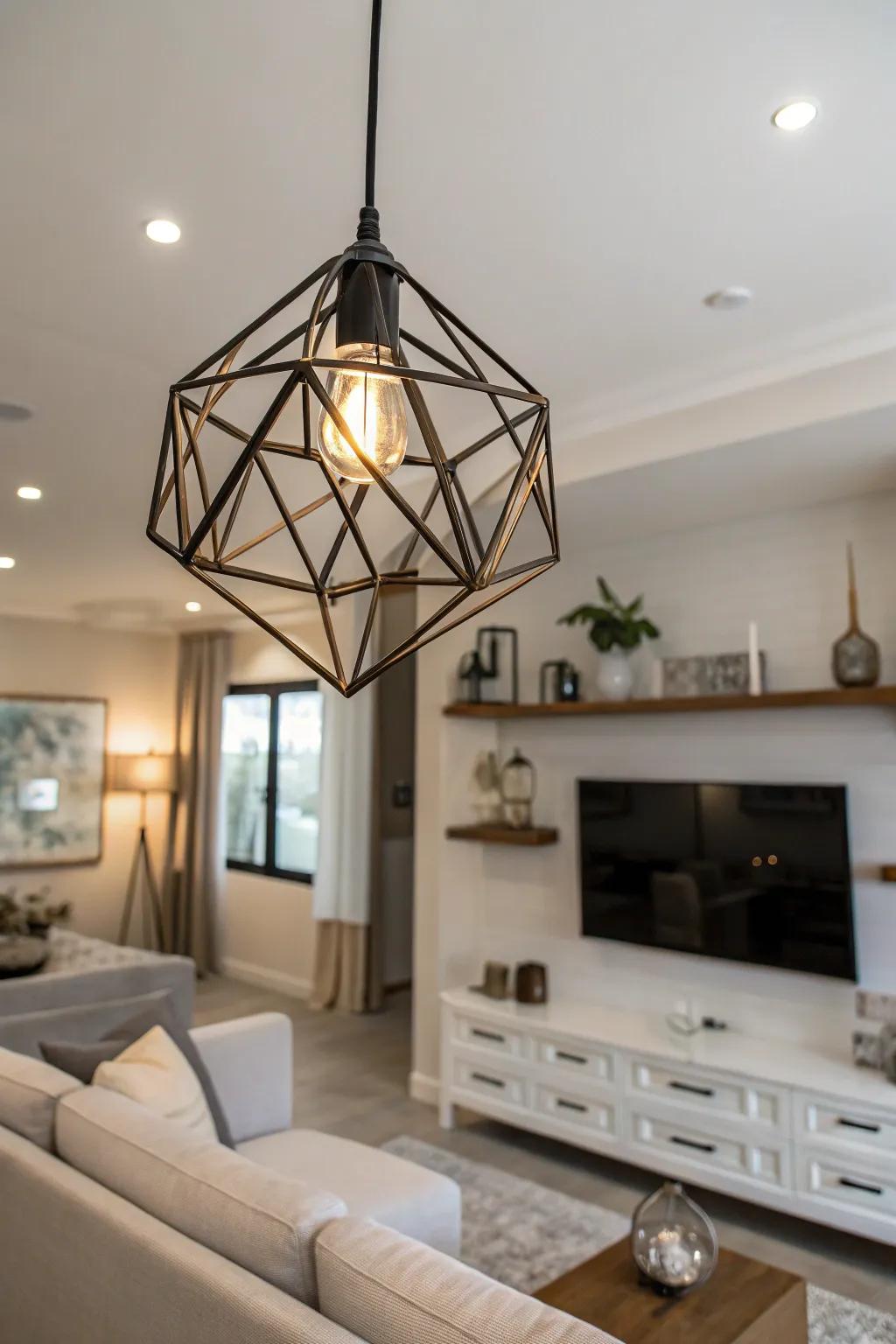 Sculptural pendants introduce a modern touch with their standout forms.