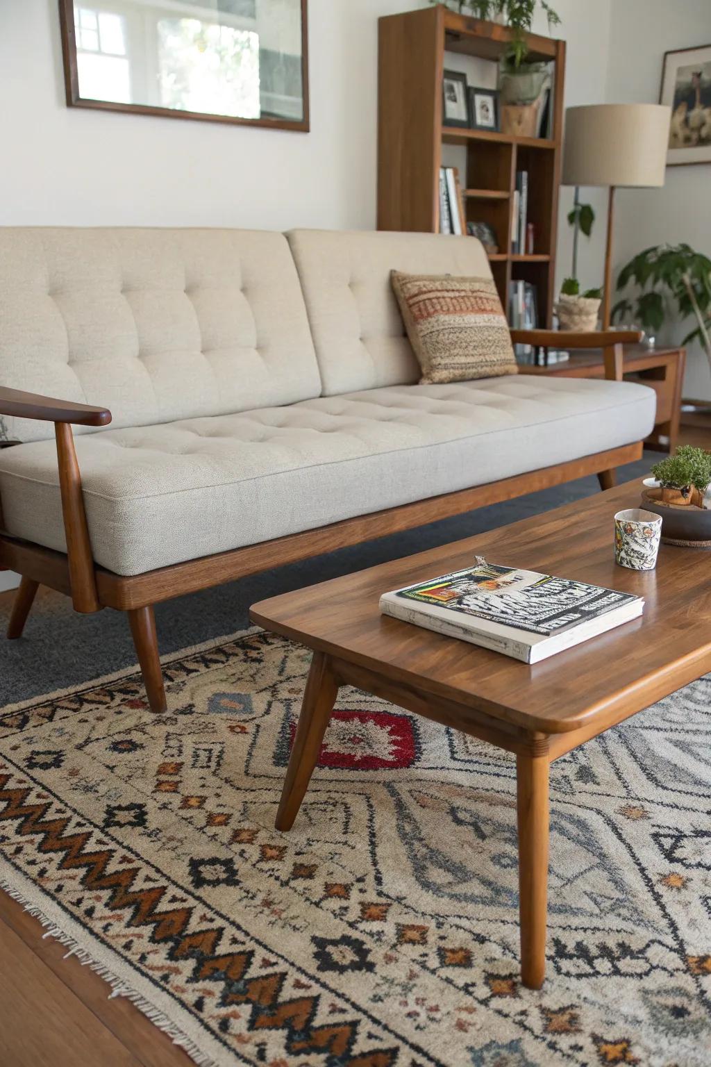 Mid-century modern couch showing off the iconic peg legs.