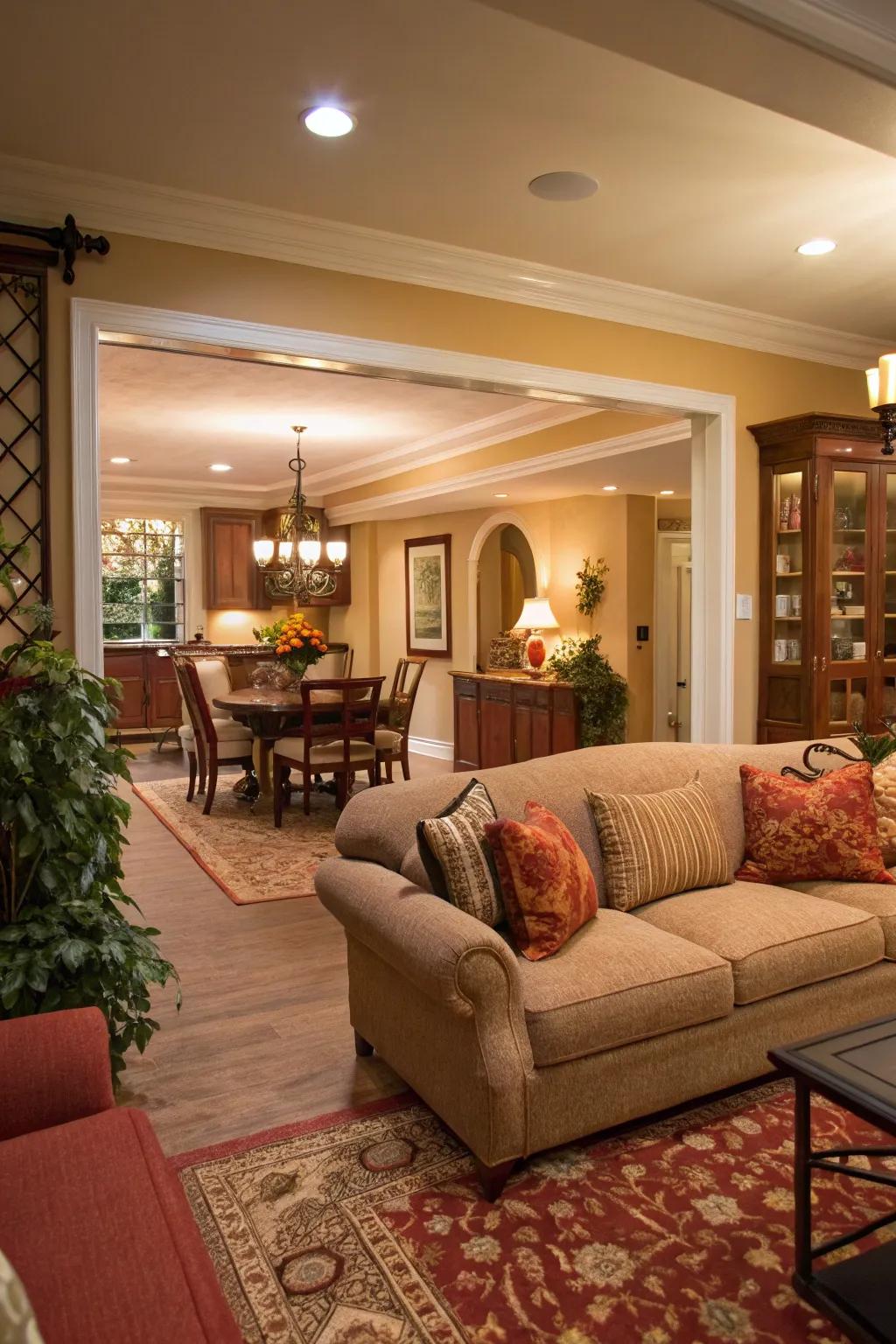 With finesse, the sofa distinguishes the living space from the dining area, marrying purpose with fluidity.