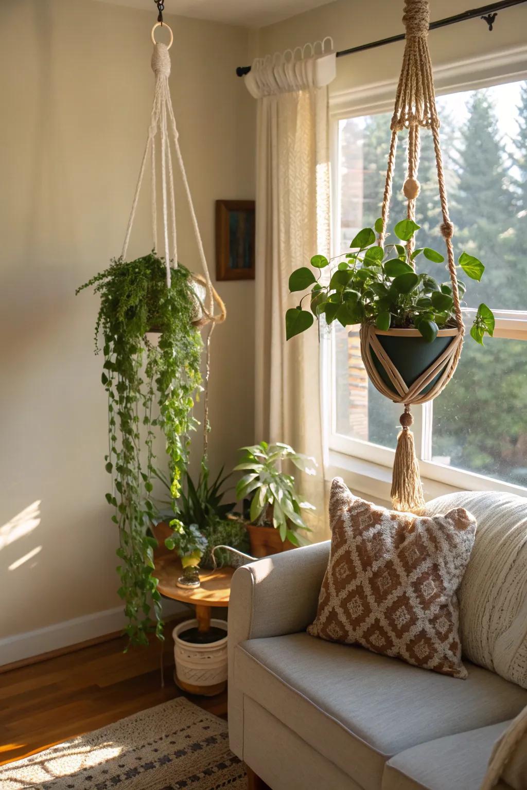 Suspended plants in woven supports craft an inviting, snug corner.