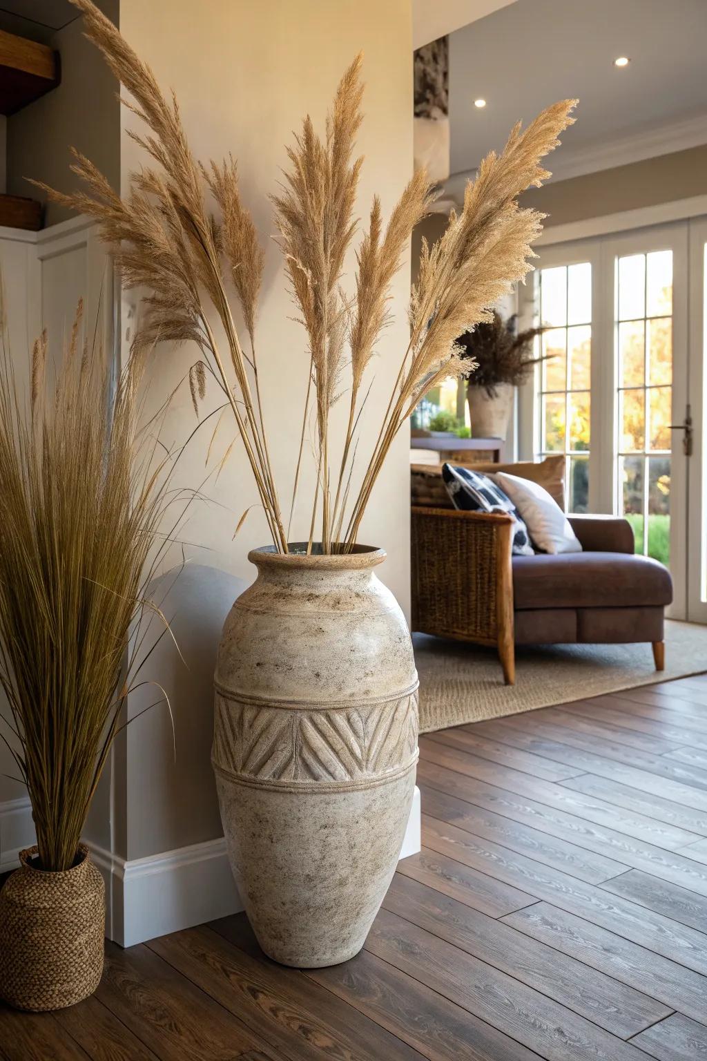 A large pottery vase filled with plume grass provides a bohemian sentiment to every living space.