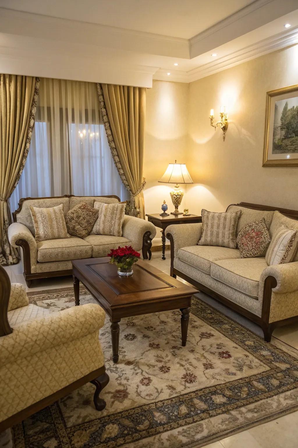 A timeless living room arrangement featuring a sofa and chairs facing each other.