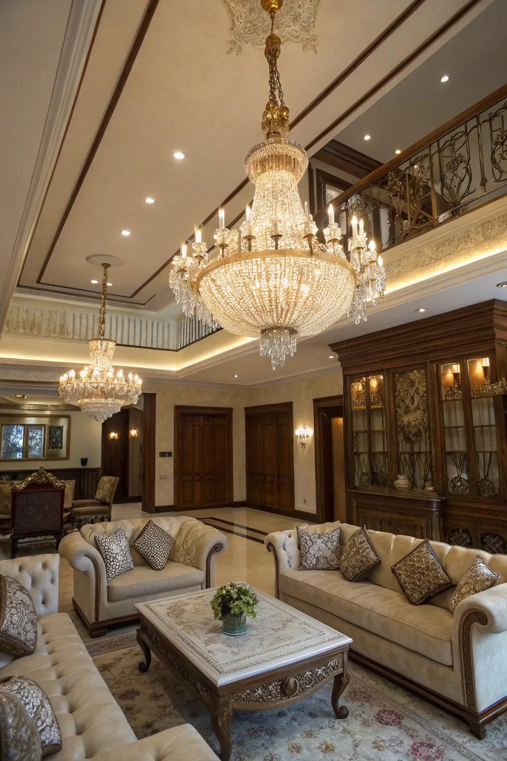 A magnificent overhead fixture commands attention as the centerpiece in this fashionable living area.
