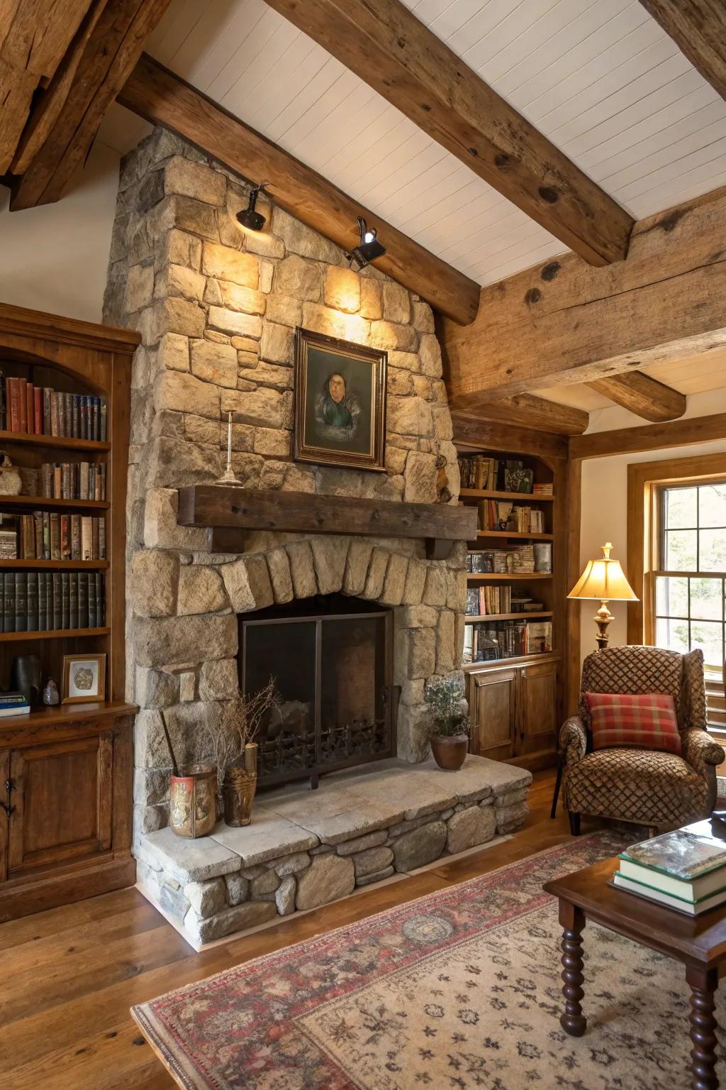 Delight in country-style charm with a stone fireplace evoking a rural hideaway.