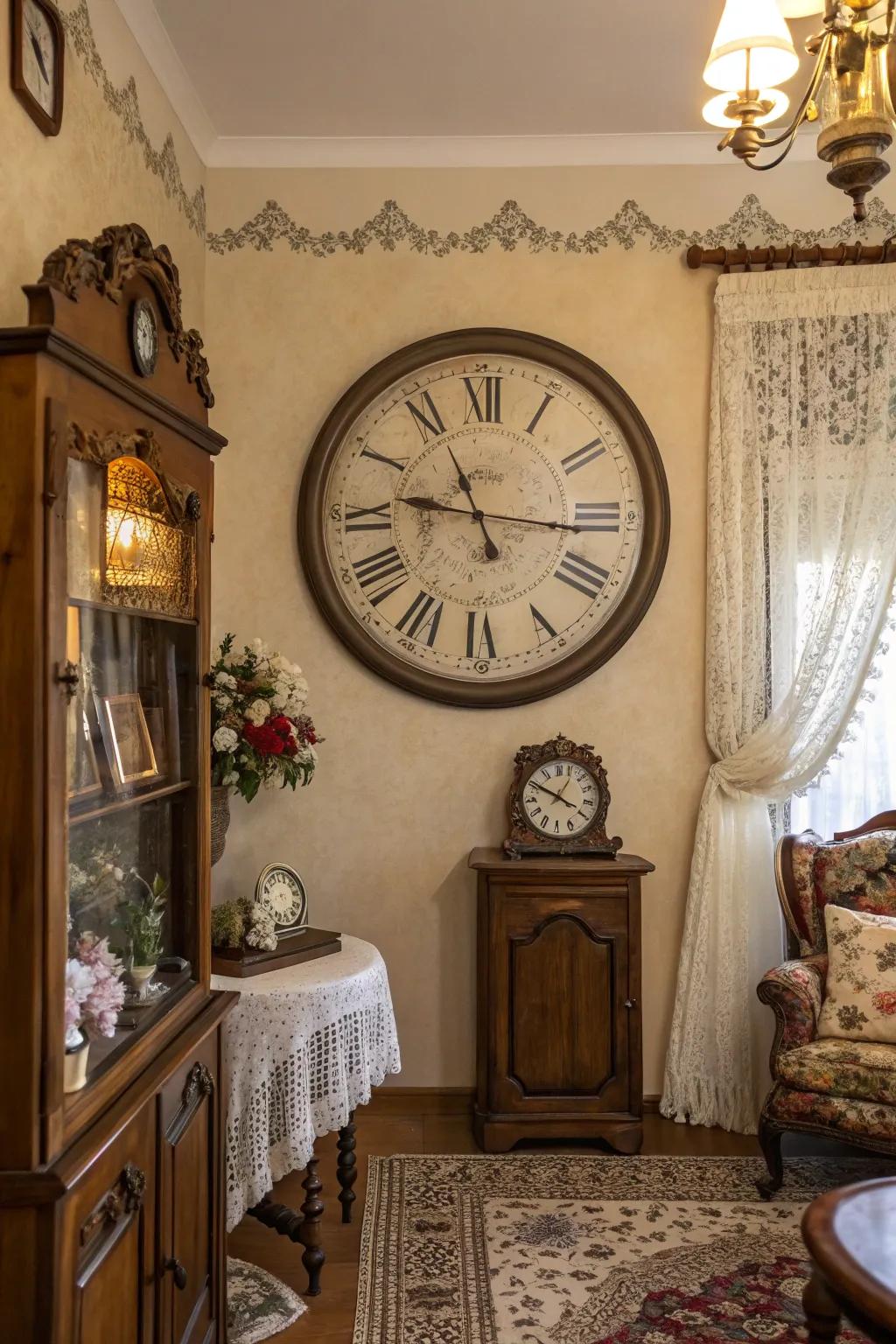 A vintage clock brings timeless elegance to a warm, inviting living room.