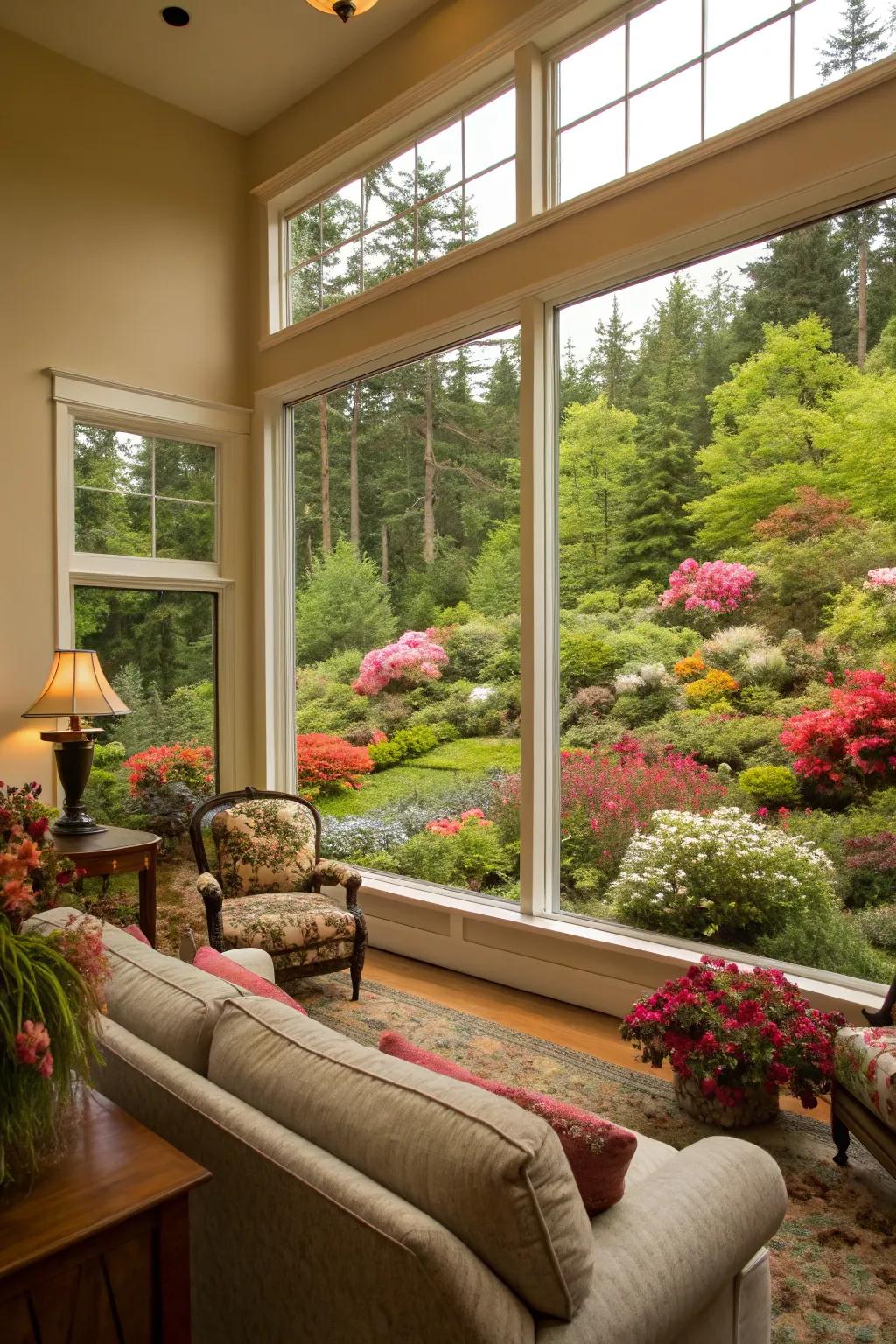 A living room showcases a sizable picture window highlighting an energetic garden.