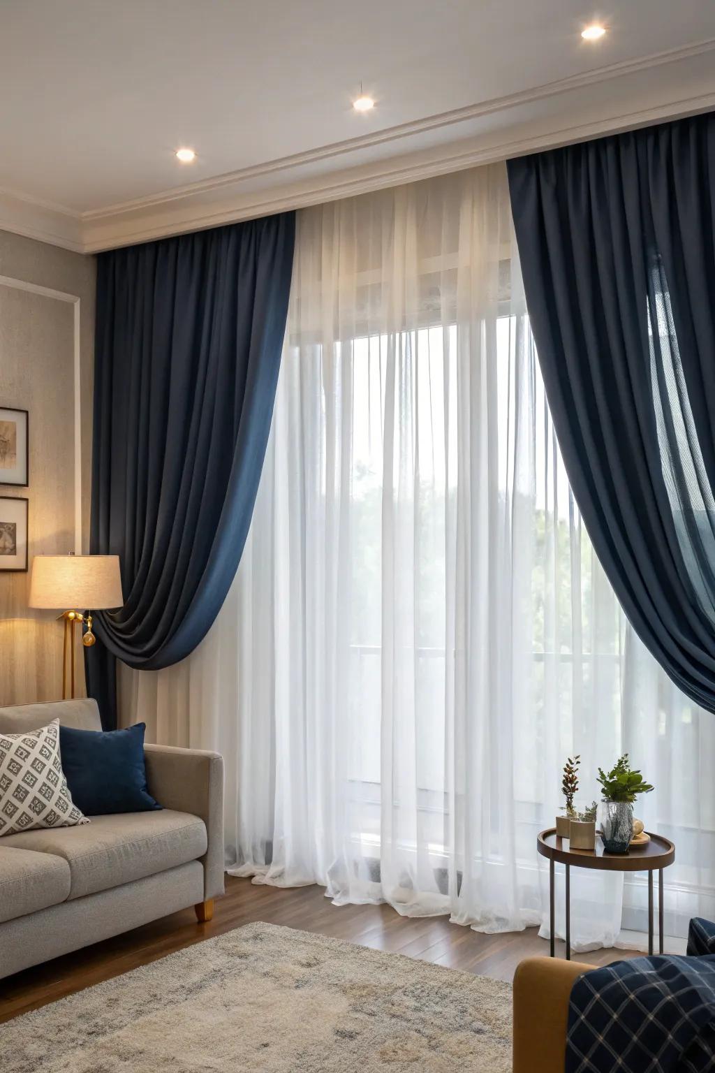 Layered window coverings provide both versatility and style.