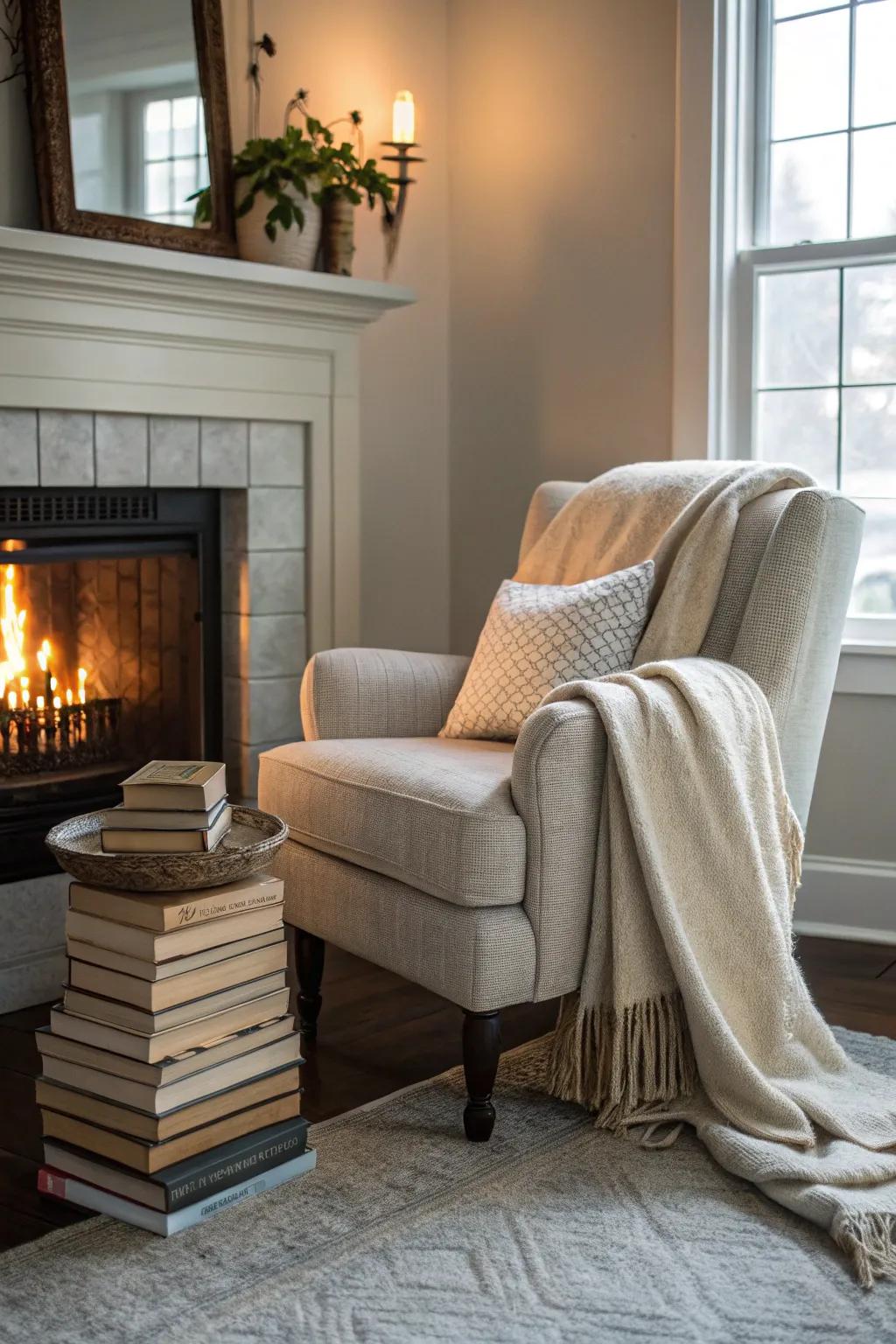A welcoming living room corner featuring a fireplace and a cozy armchair for reading.
