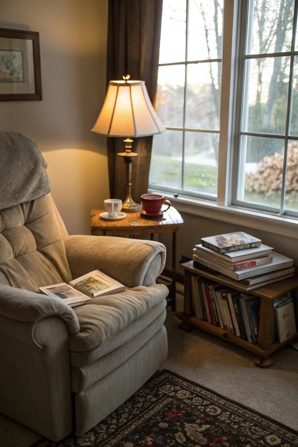 A tranquil nook featuring a lavish recliner, perfect for unwinding.