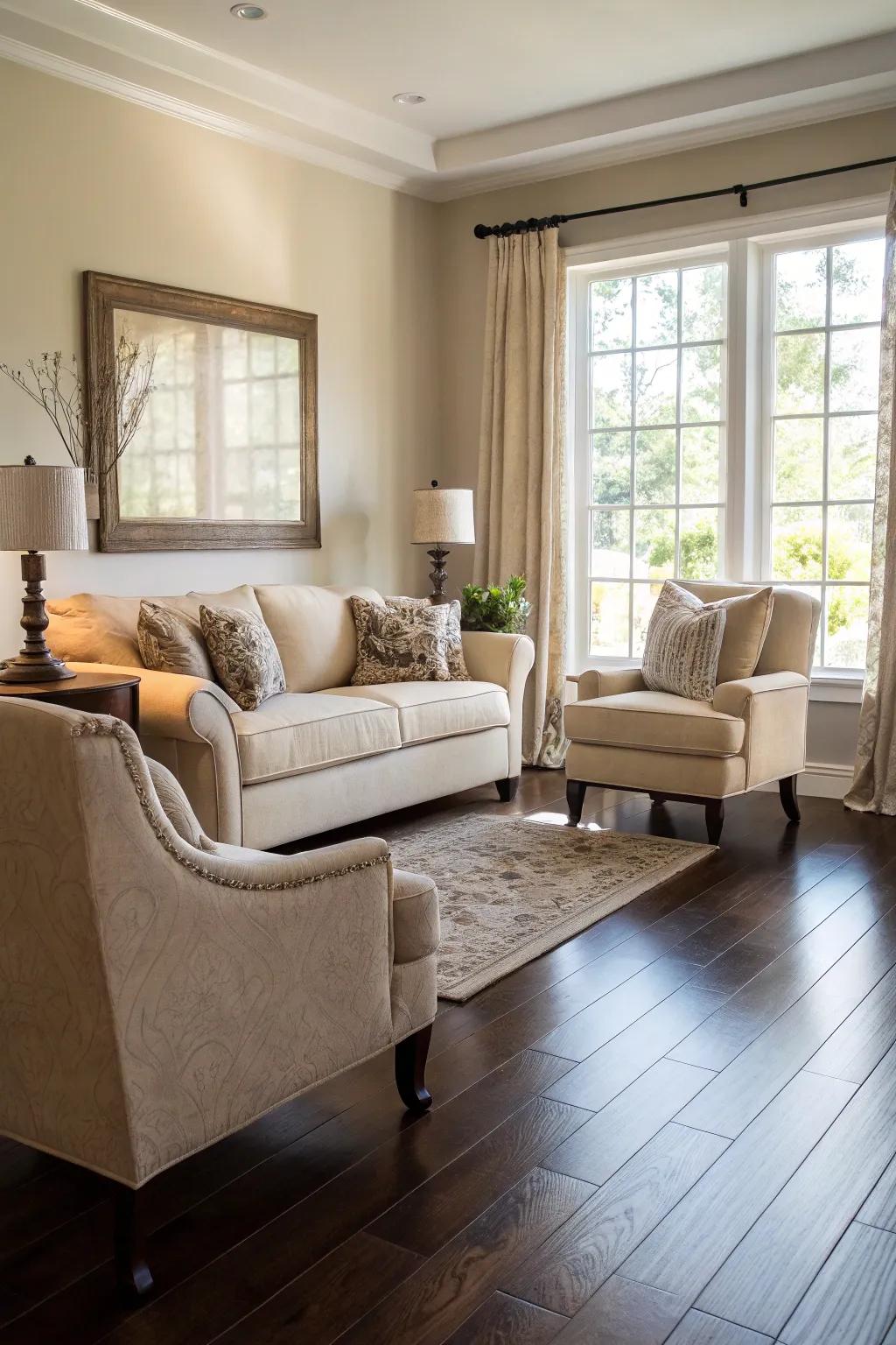 Light furniture offers a striking contrast to dark wood floors.