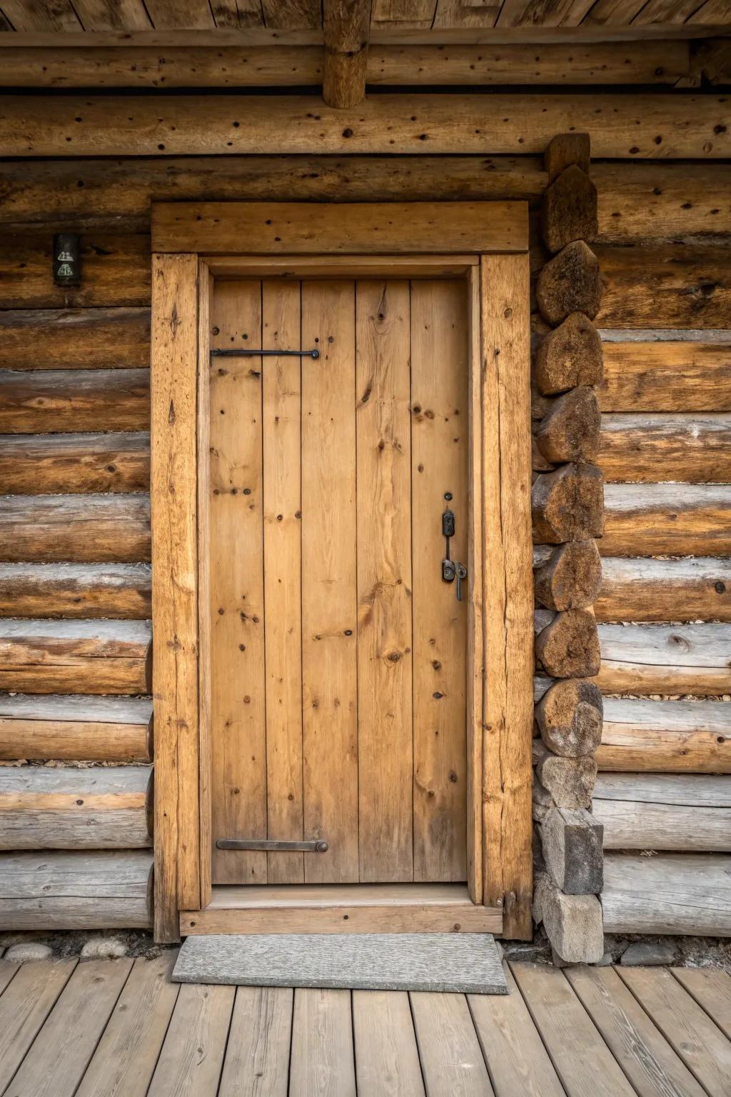 A country log cabin door emphasizing the wood's natural pattern.