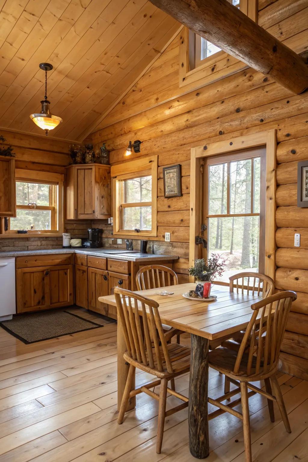 A log cabin-inspired kitchen showcasing unrefined wooden cabinetry and wall installations.