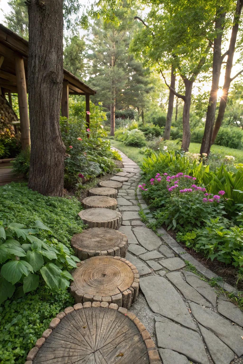A creatively crafted garden path using timber rounds.