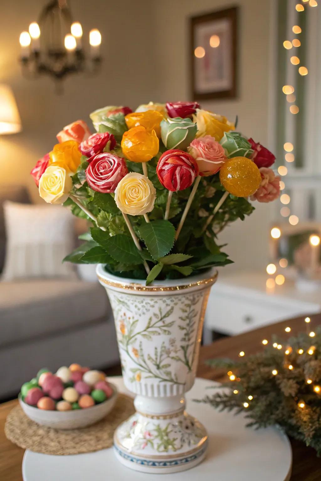 A traditional flower-themed candy pop posy displaying lively shades