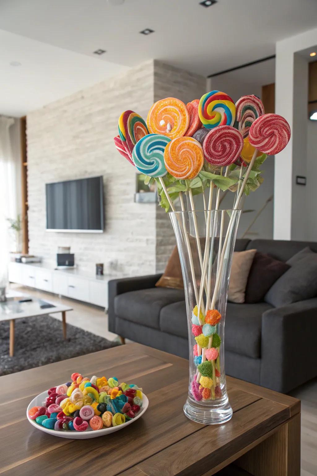 A prismatic waterfall of candies brings instant vibrancy to the setting.