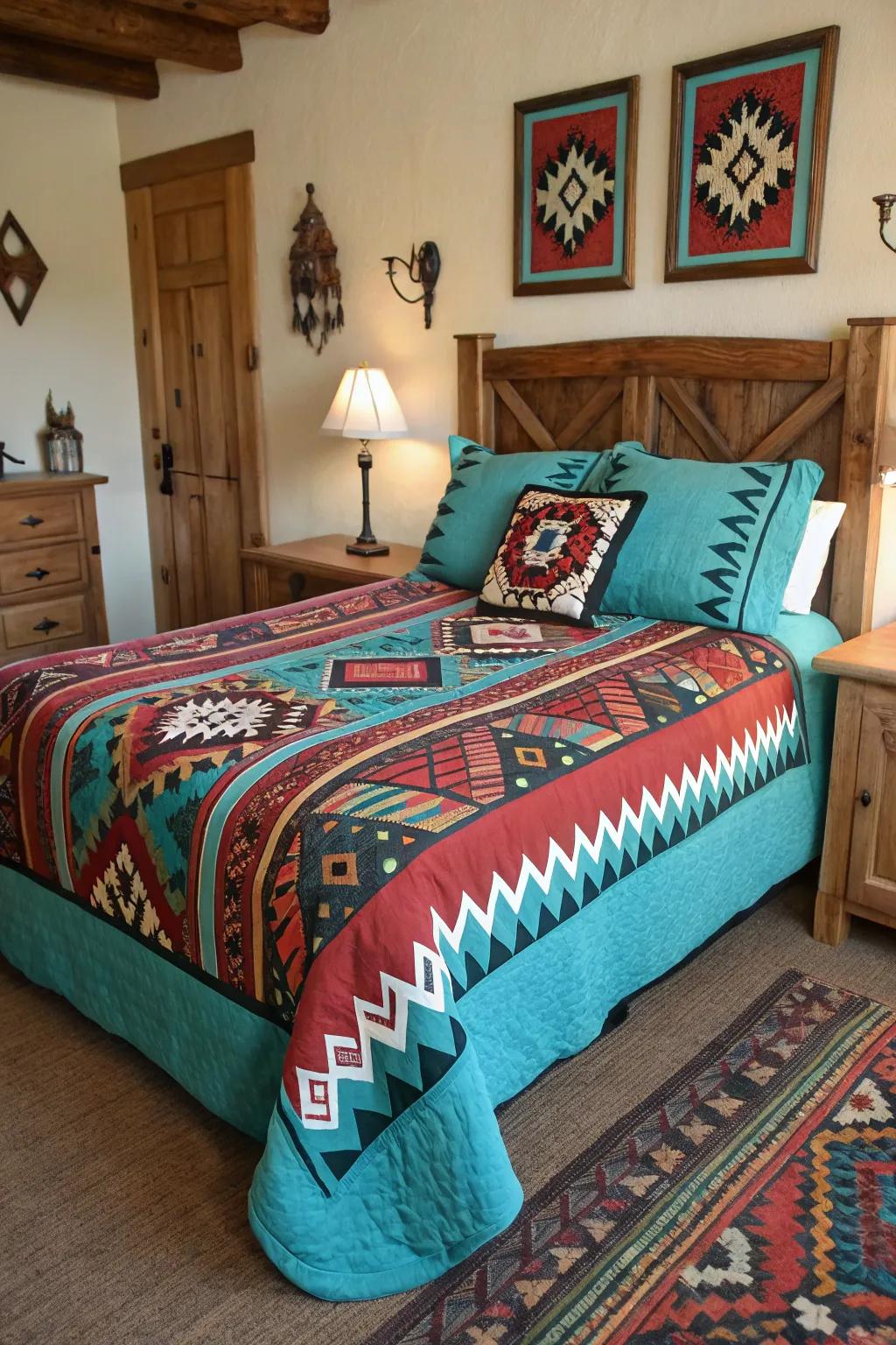 Southwestern bedding introduces Western charm to the bedroom.