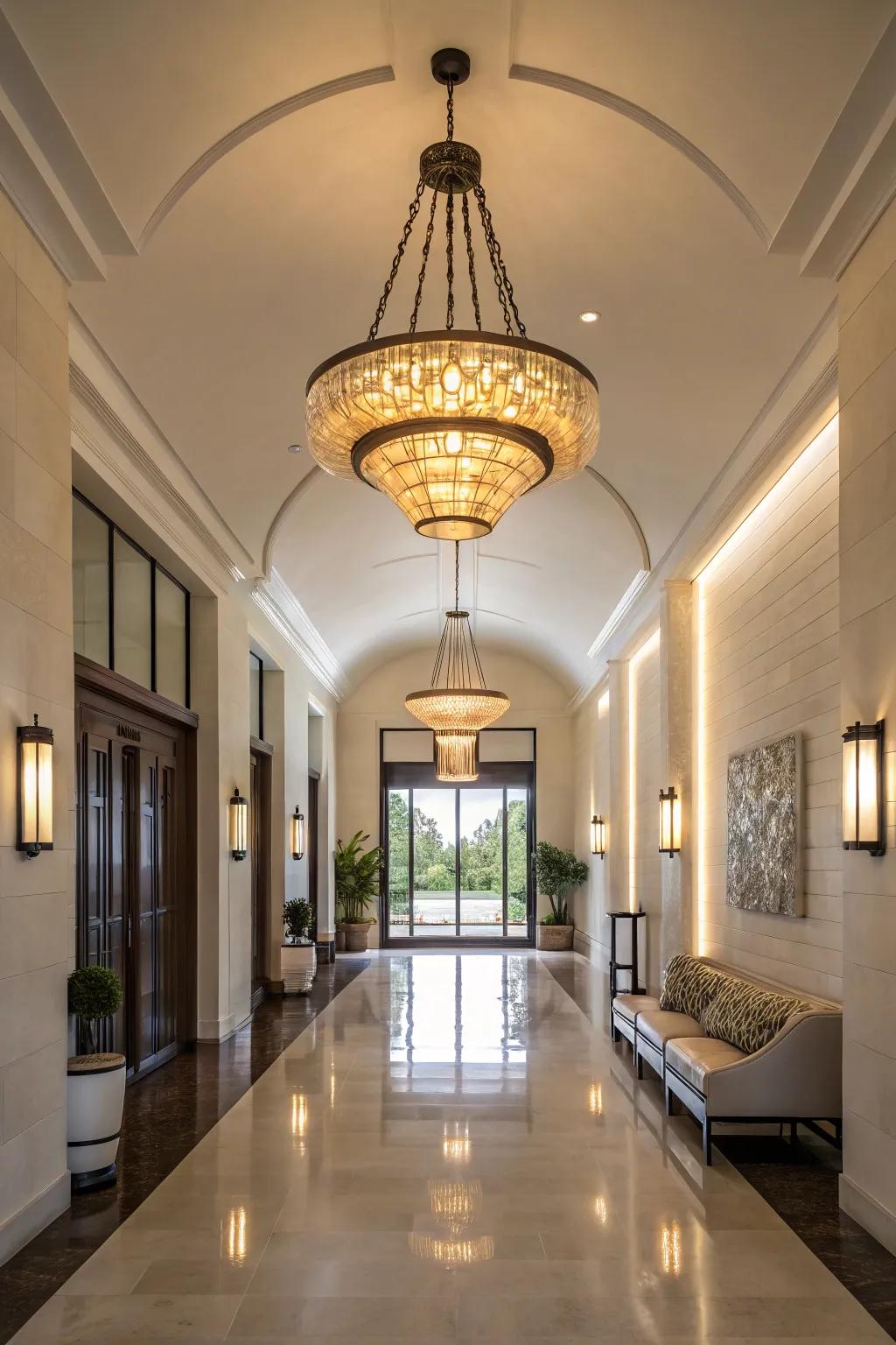 A modern light fixture casts a welcoming glow, setting the optimal ambiance in this lengthy entryway.