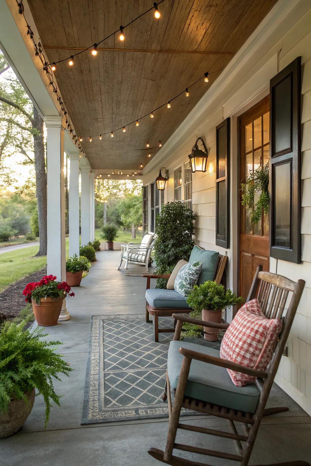 Separate seating zones on a wide porch offer appealing spots for relaxation.