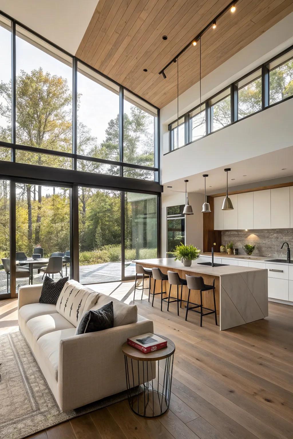Abundant sunlight elevates the spaciousness of this combined kitchen and living area.