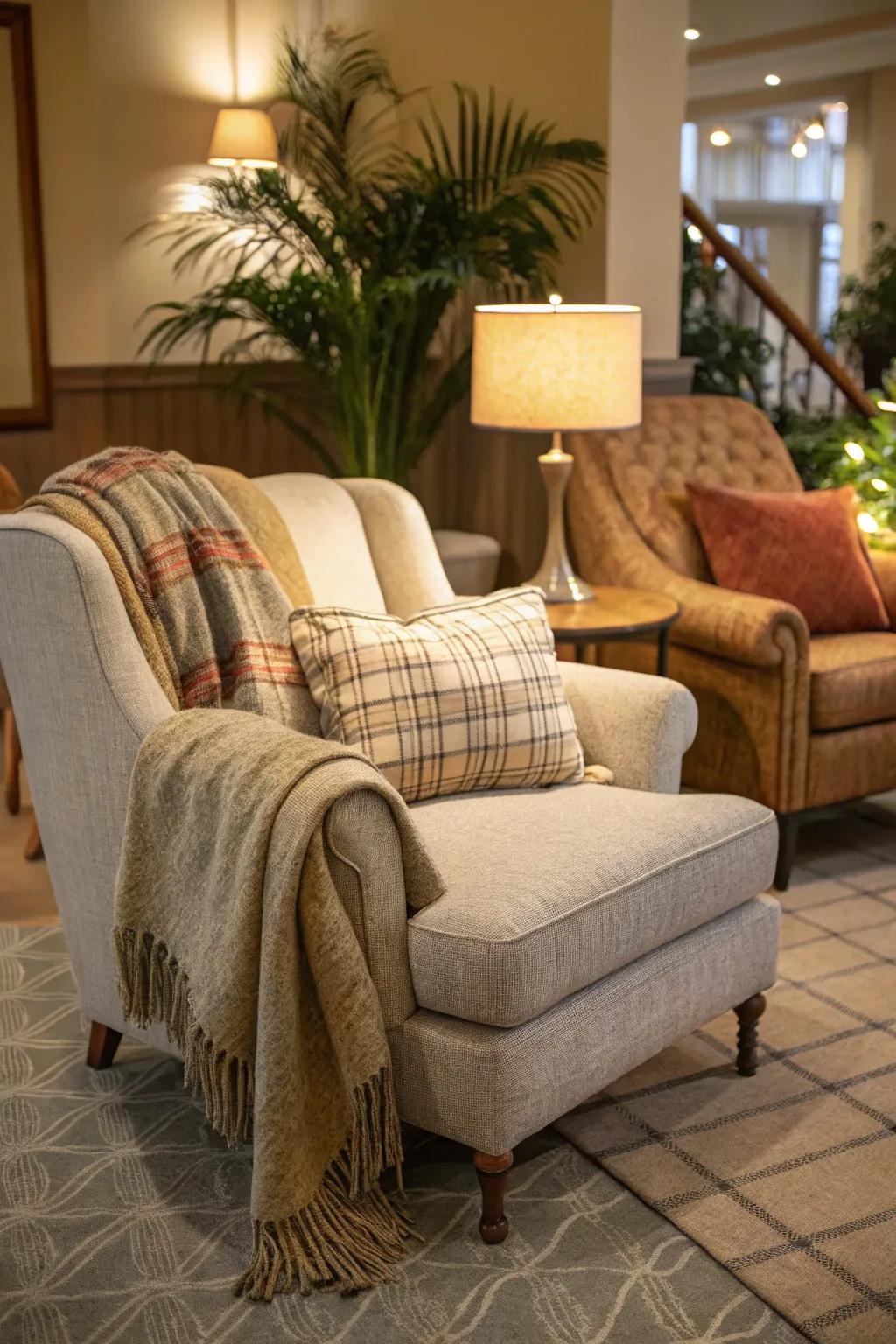 Inviting seating with tactile textures establishes a relaxed atmosphere.