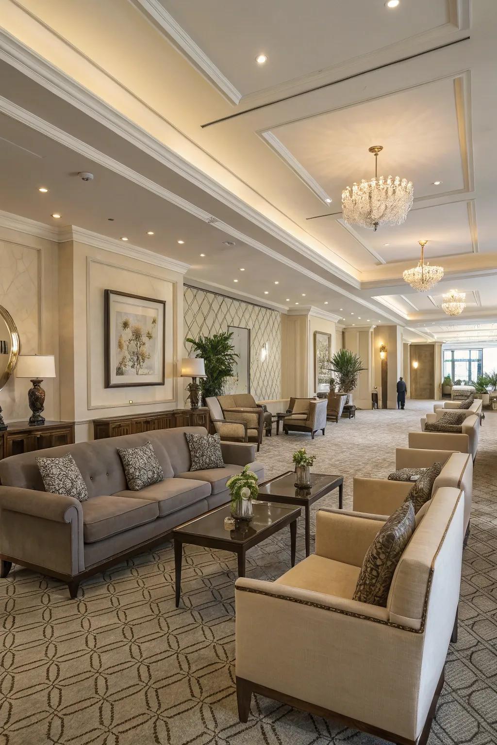 A living room featuring dual sitting areas designed for flexible use and improved intimacy.