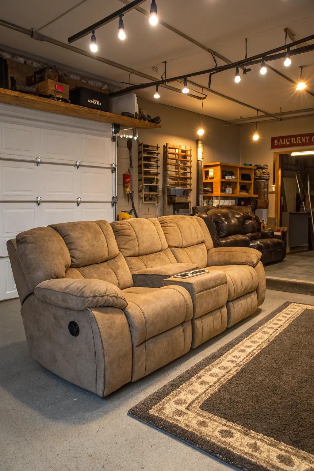 Comfortable seating establishes a relaxing atmosphere in your garage man cave.