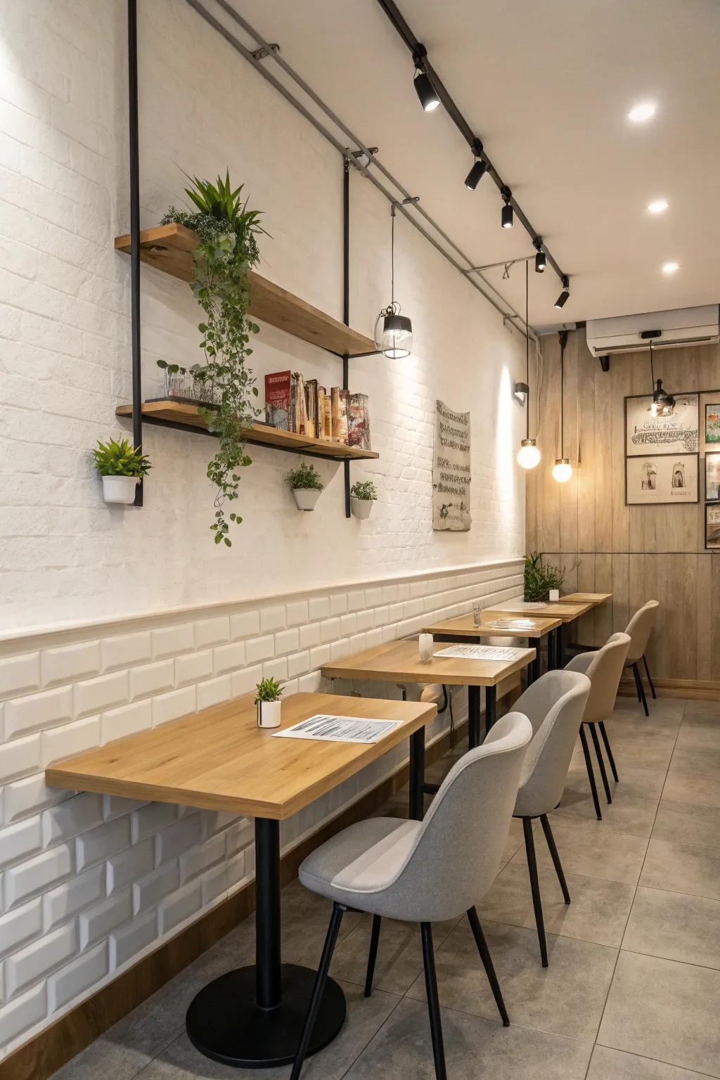 A minimalist design approach in a small restaurant creates a calming ambiance.
