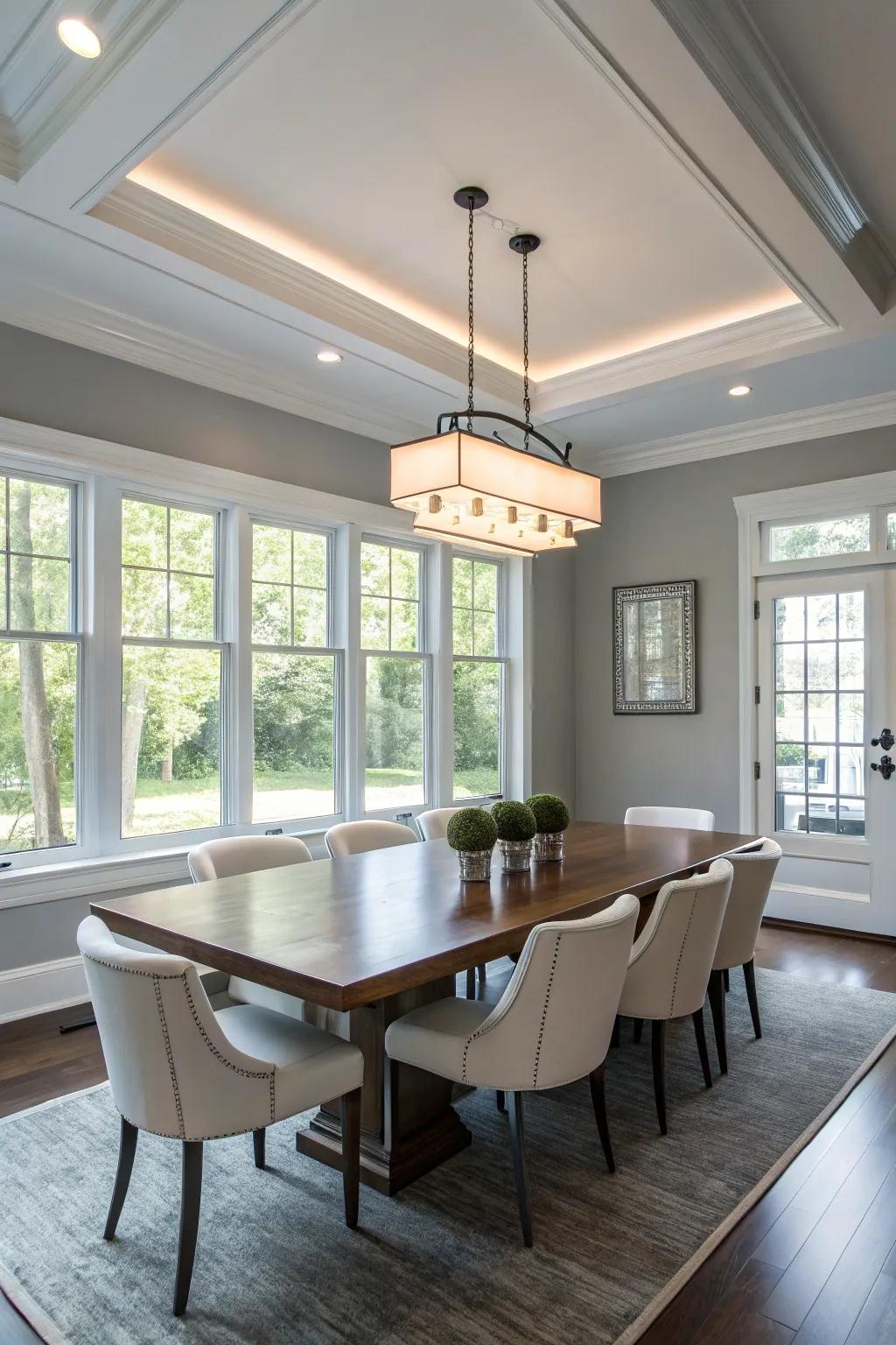 A contemporary dining area showcasing a flush mount ceiling lamp.