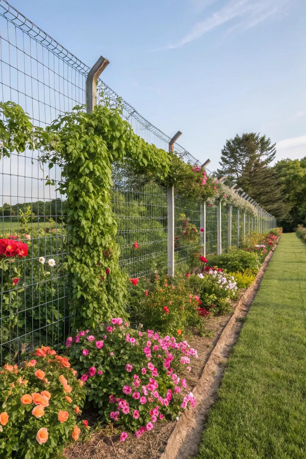 Elevate your garden with an affordable wire netting fence, complemented by climbing plants.