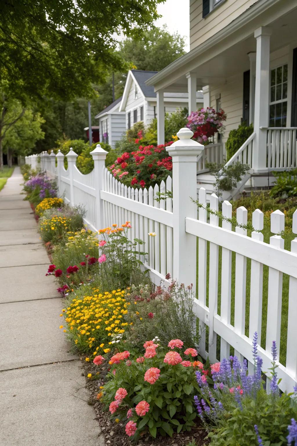A classic white picket fence, enhanced by bright flowers, brings timeless beauty to this front yard.