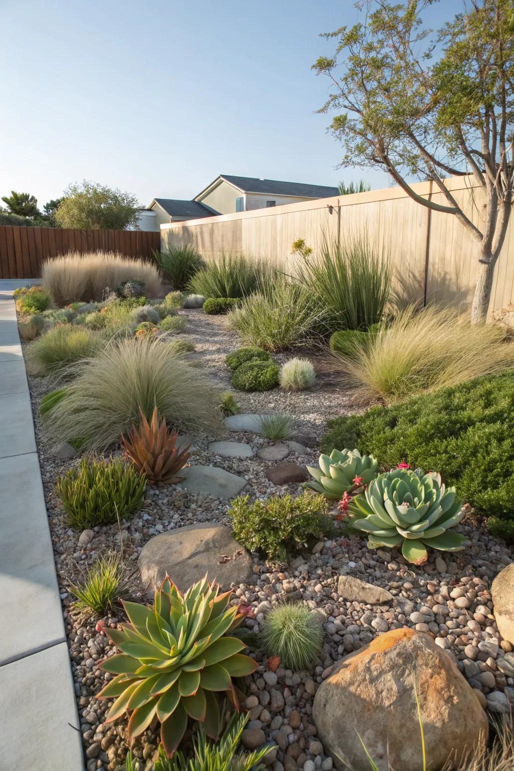 A front yard beautifully adorned with drought-tolerant succulents and native grasses.
