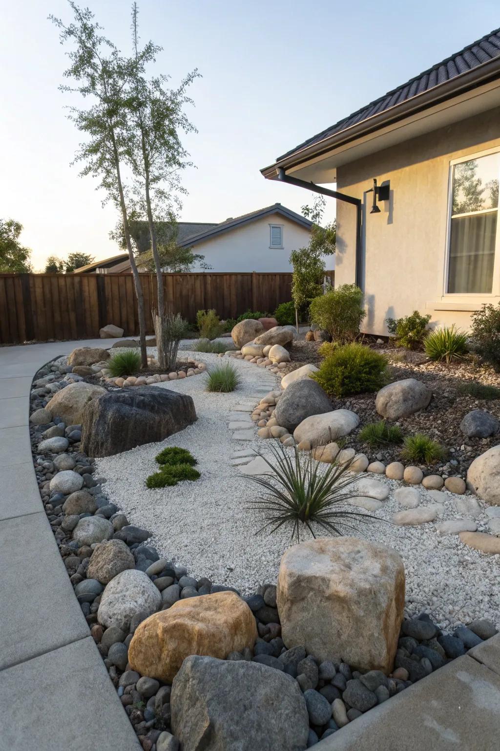 A serene rock garden featuring various rock sizes and minimalist plantings.