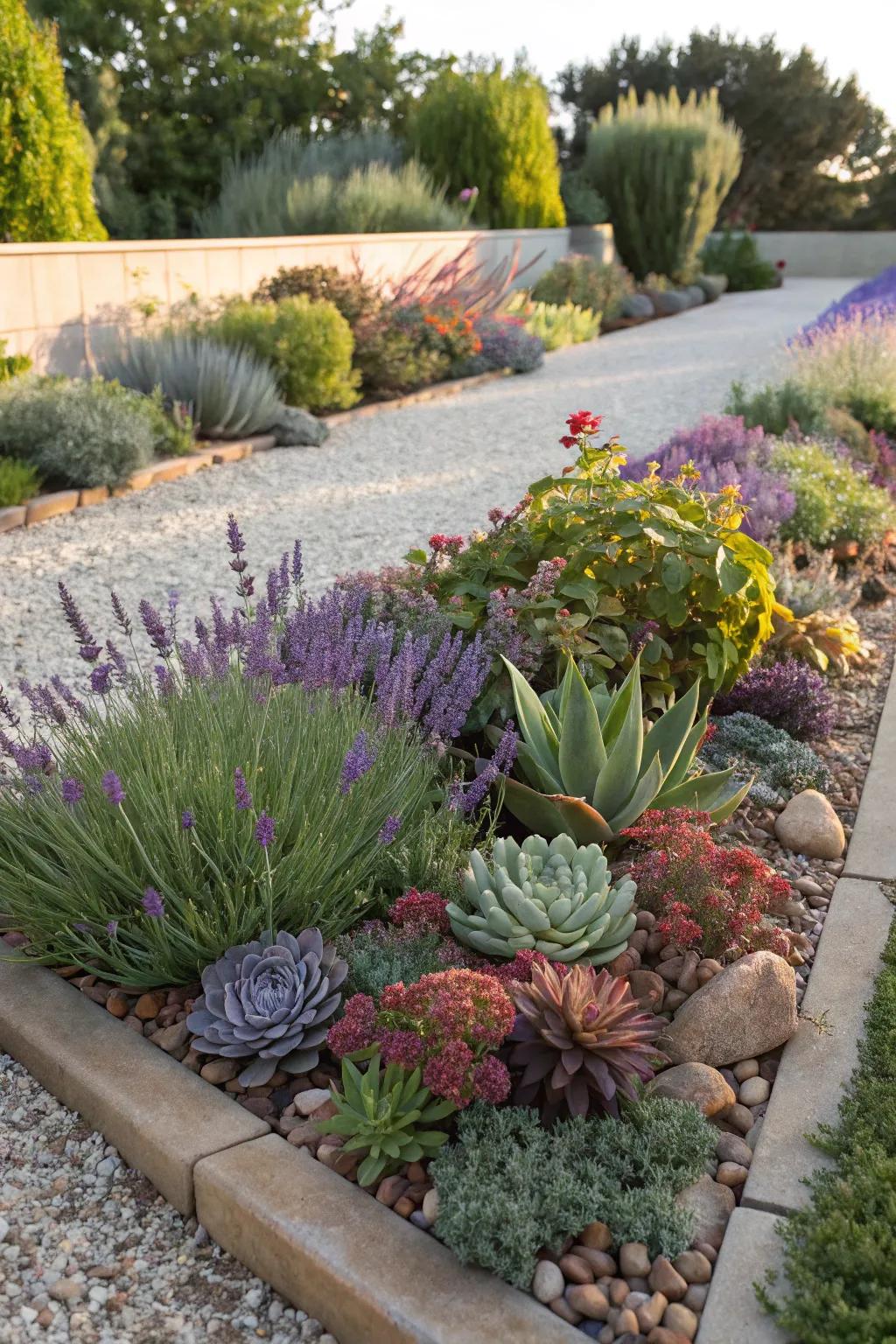 A lively combination of plants that need very little water and flourish in the sun.