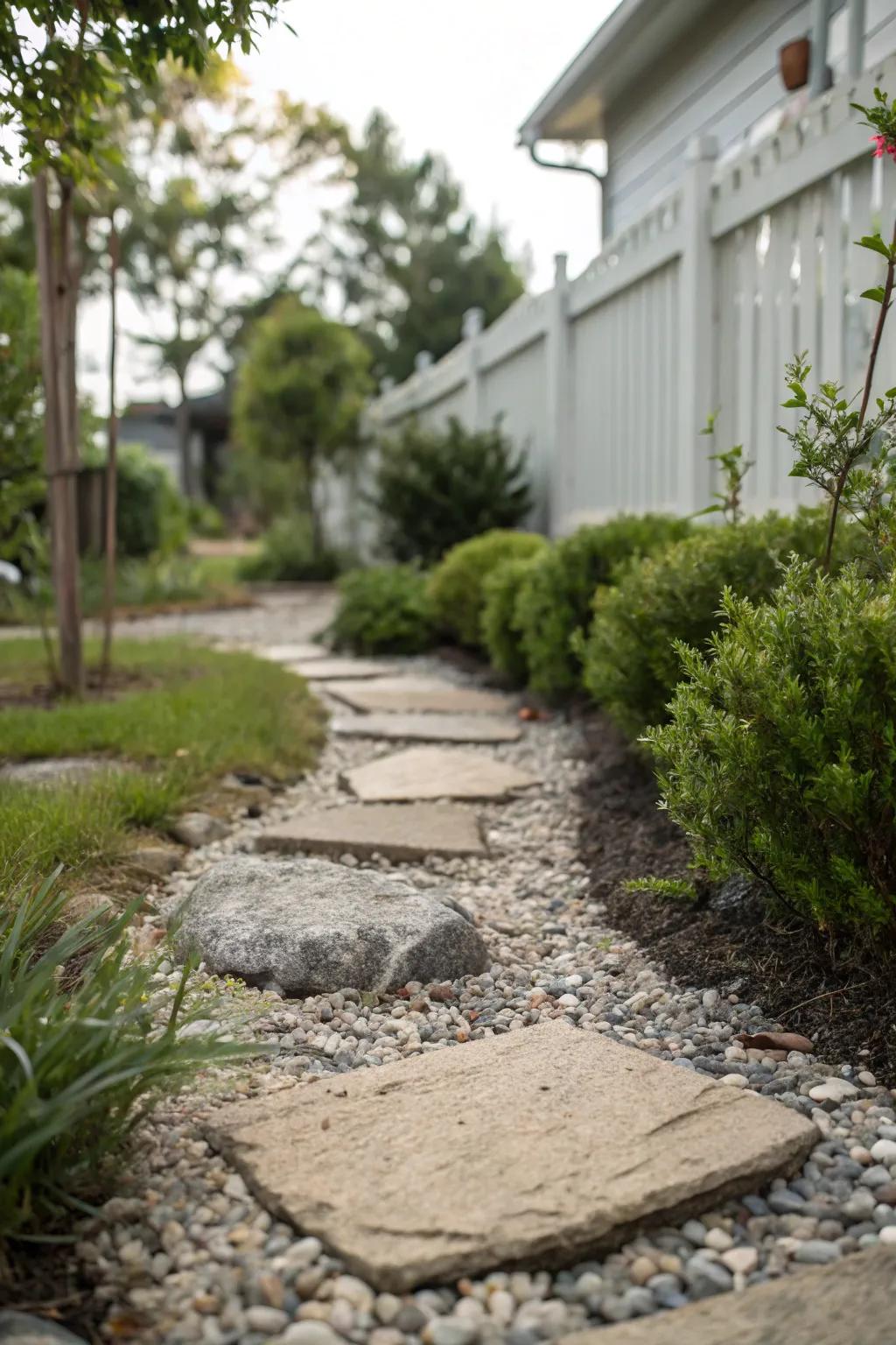 Stepping stones set in gravel create a simple, low-upkeep pathway.