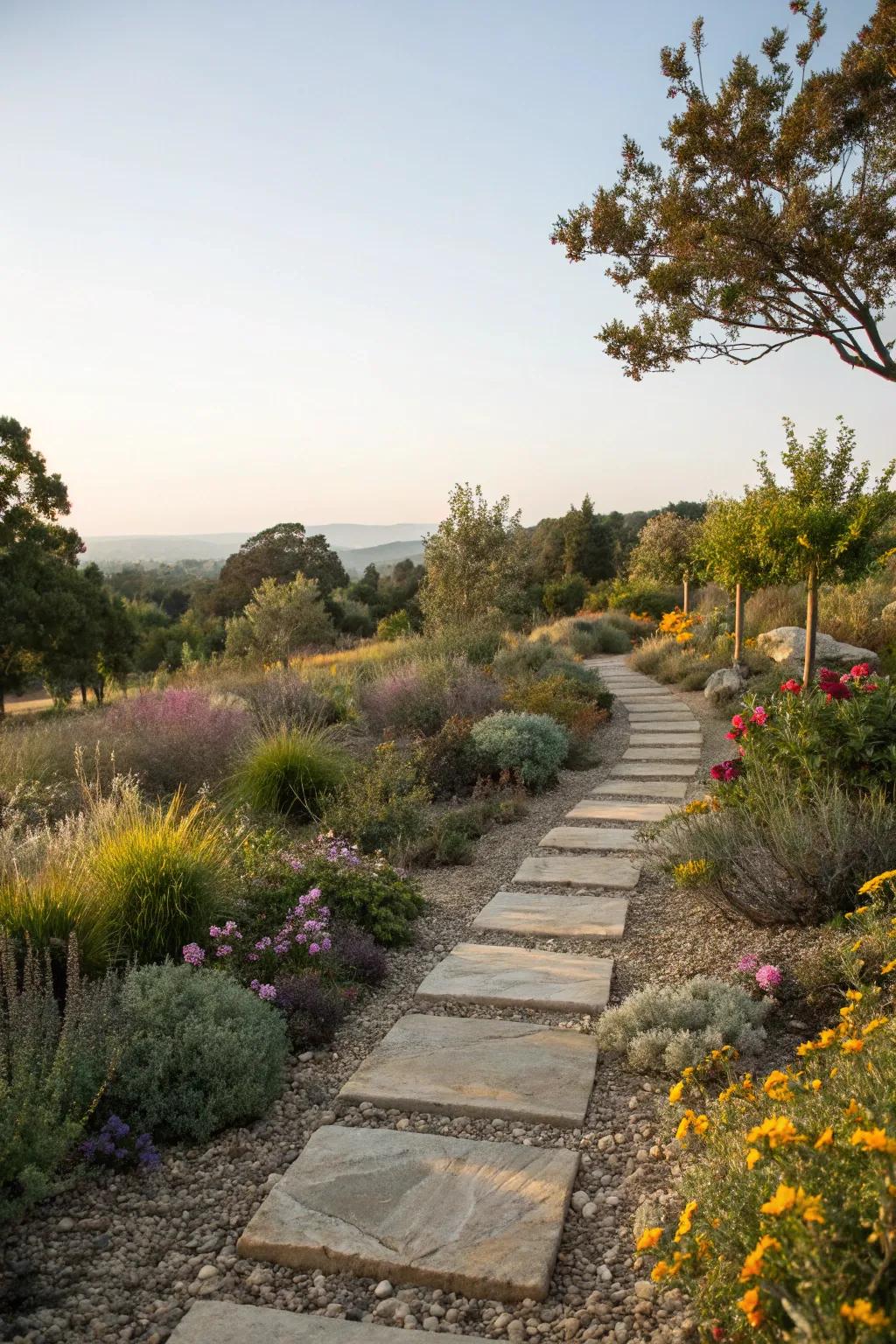 A clearly defined path marked by stones adds sophistication and arrangement.