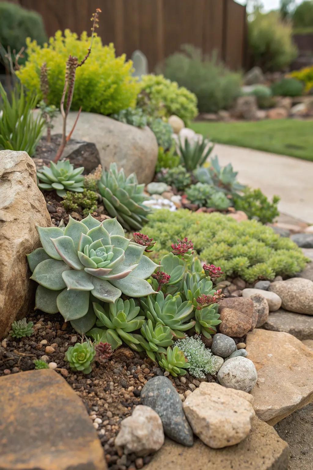 Bright thick-leaved plants sit well among the stones in a garden.