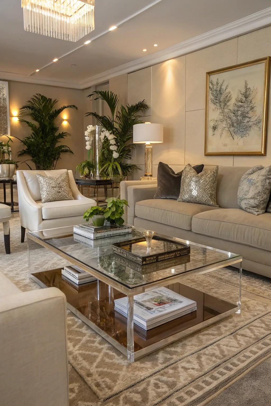 A stylish clear acrylic coffee table complements any living room aesthetic.
