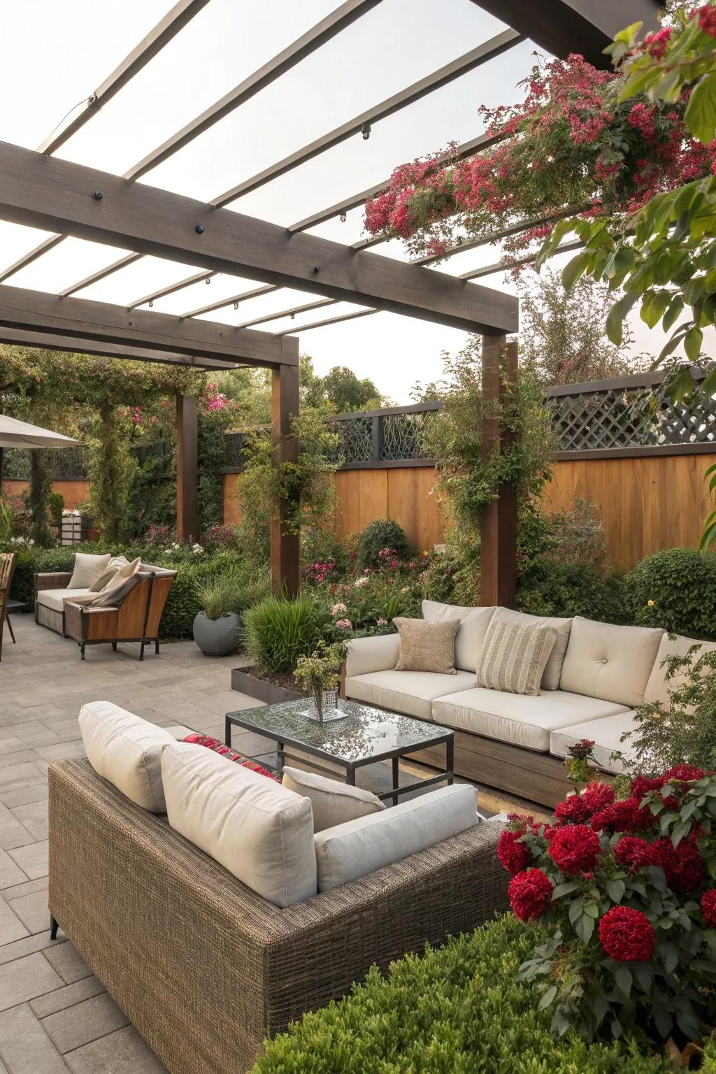 A welcoming outdoor lounge featuring plush seating and lively plants.