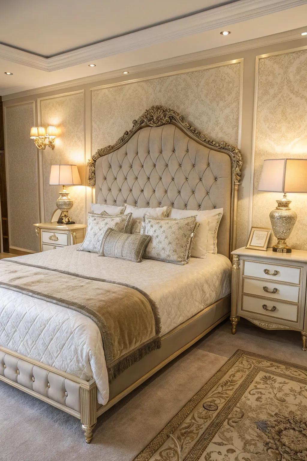 An opulent bedroom showcases a high-end bed complemented by an elaborate headboard and sumptuous bedding.