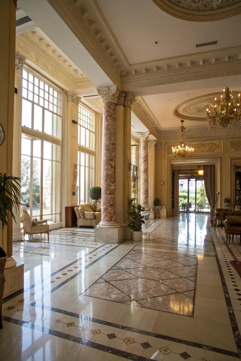 The timeless charm of burnished marble flooring in a majestic foyer.
