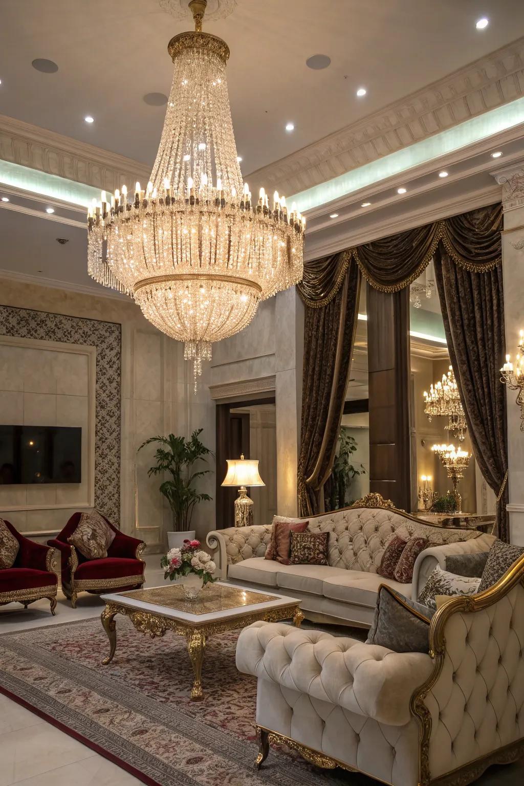 An extravagant chandelier serves as the focal point in this glam living room.
