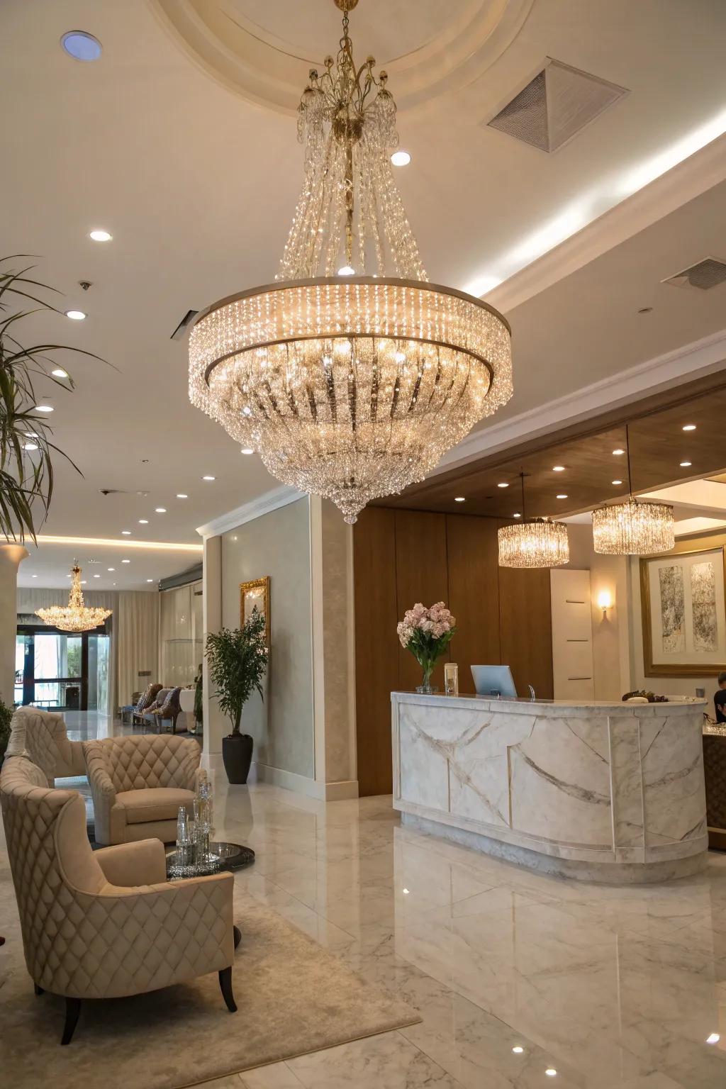 The grace of a chandelier enhances the luxury ambiance.