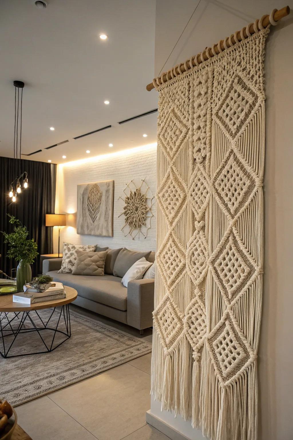 An eye-catching macrame wall hanging adding sophistication to a family room.