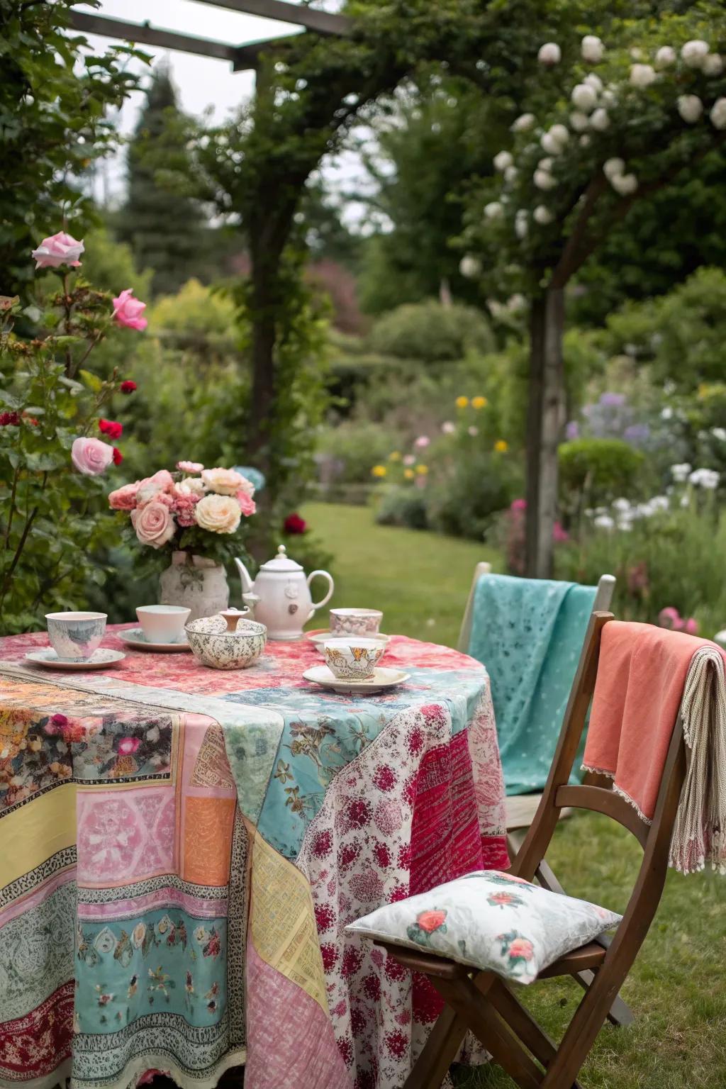 An eclectic tea table featuring mismatched teacups and lively tablecloths, perfect for a Mad Hatter celebration.