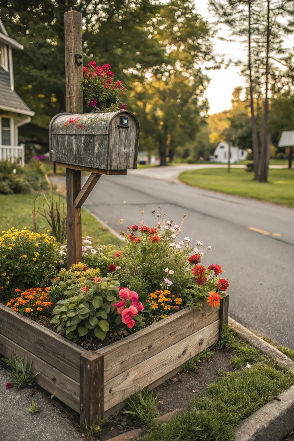 Wooden edges gracefully frame this captivating mailbox flower bed.