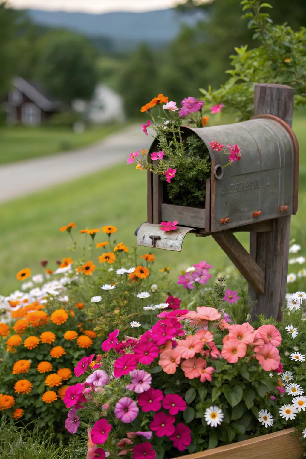 A burst of floral color turns a regular mailbox into an inviting focal point.