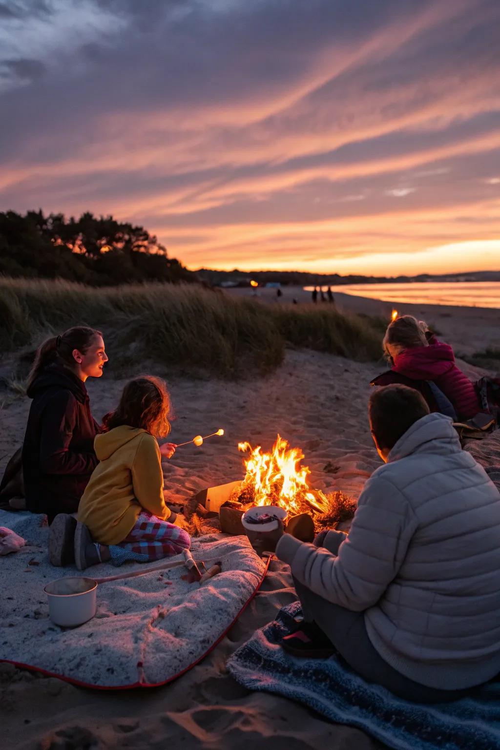 An inviting coastal bonfire setup for sharing family stories.
