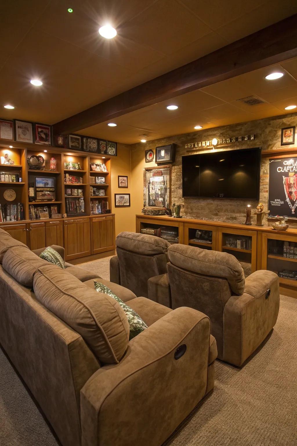 Deluxe seating that encourages unwinding in a man cave.