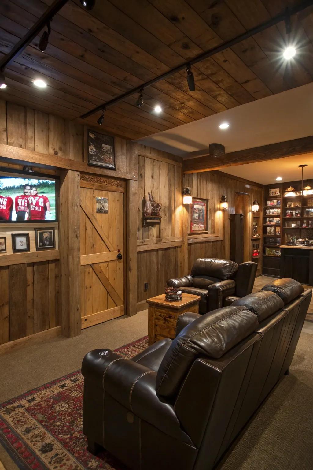 Earthy wood panels contribute warmth and character to your man cave.